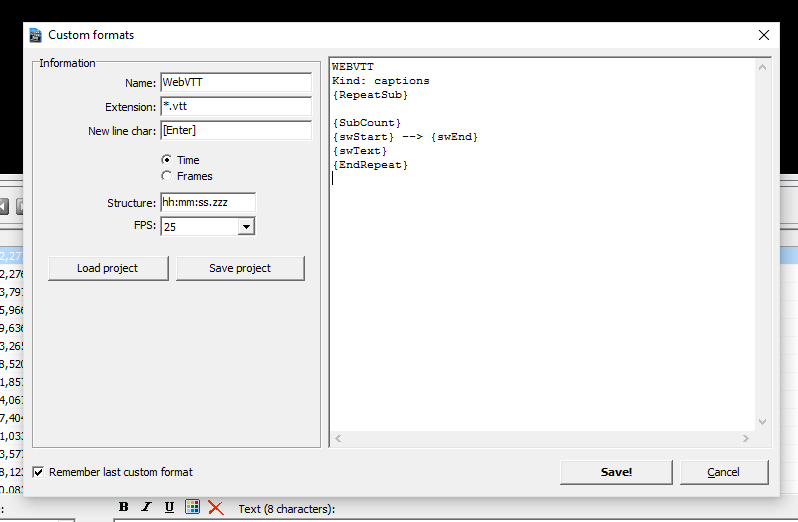 Subtitle Workshop WebVTT settings