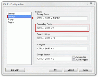 ClipX Hotkeys settings