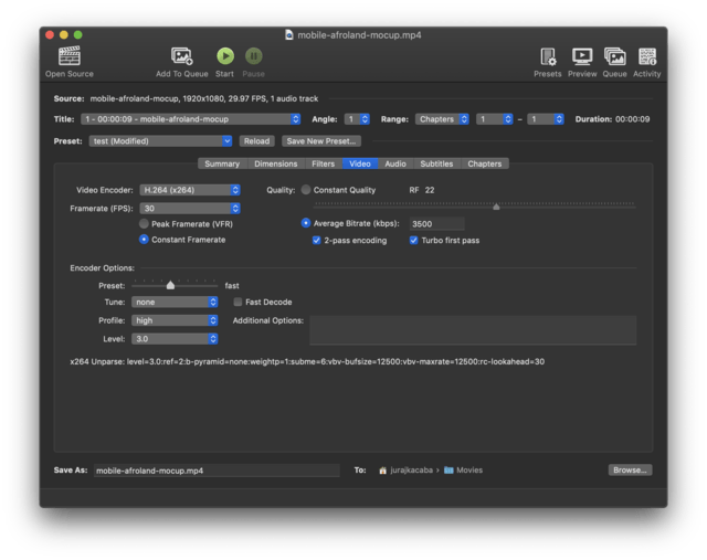 HandBrake video settings for MP4.