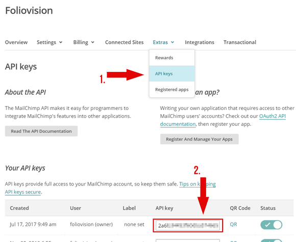 How to acquire an API key in MailChimp account