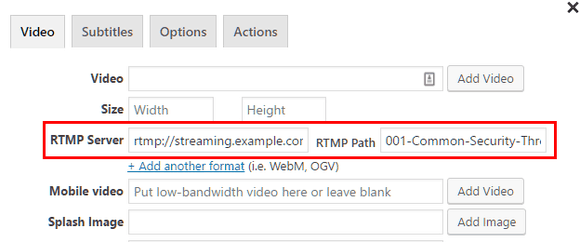 RTMP server and path filled in